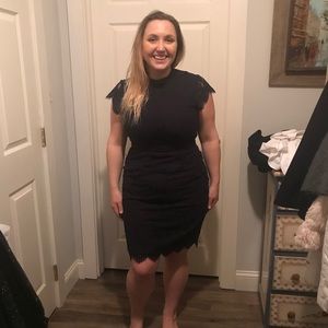 Navy blue lace cocktail dress.